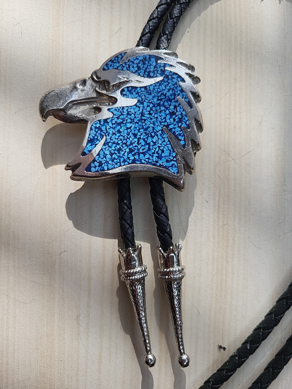 Silver Eagle Head Bolo Tie with Blue Stone Inlay